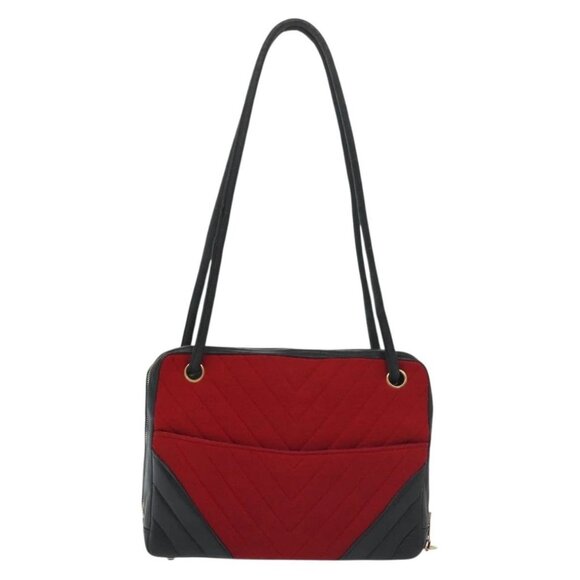 CHANEL V Stitch Shoulder Bag Cotton Red Gold CC Auth 140715 - Picture 2 of 16
